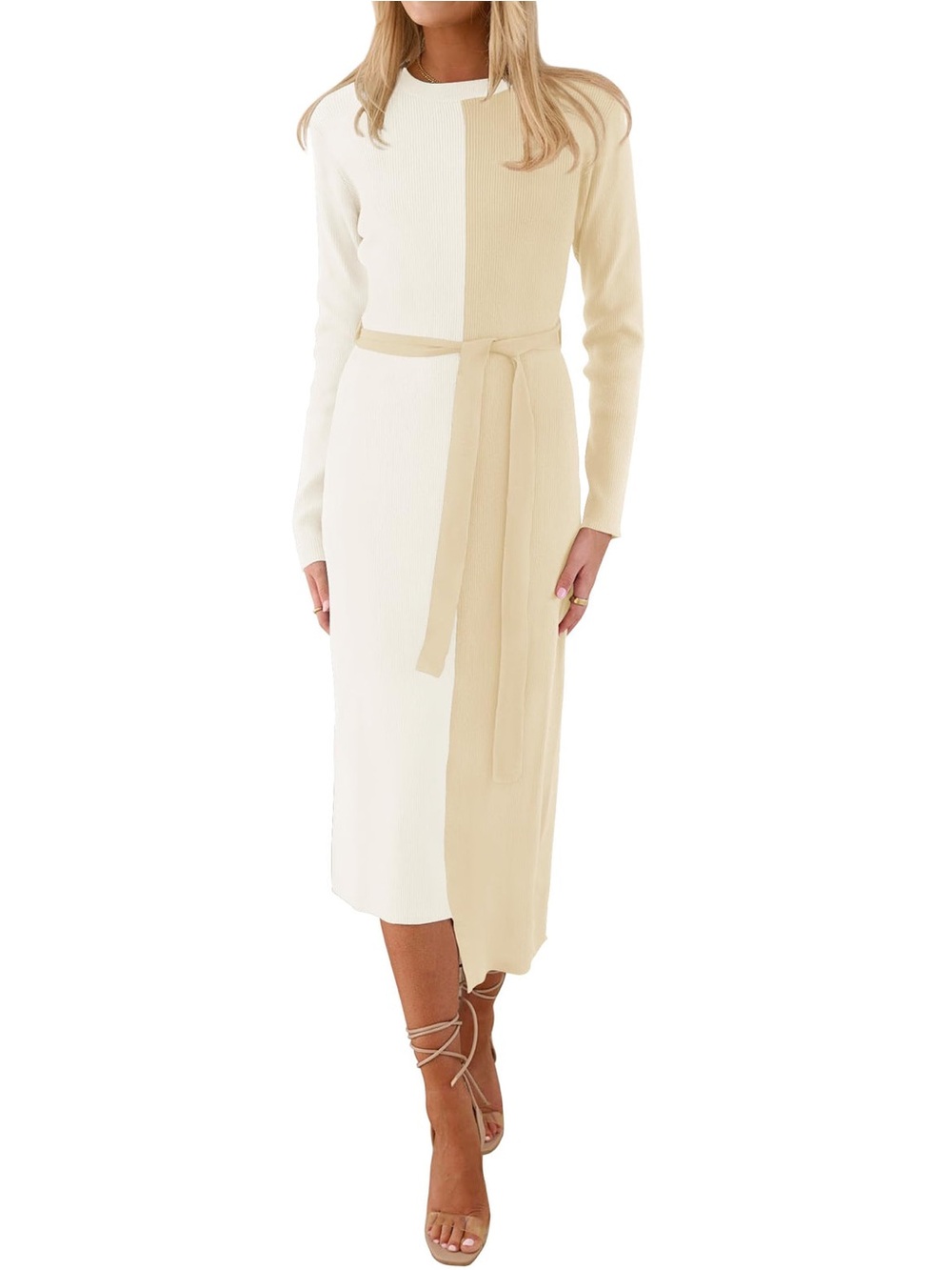 Colorblock Cream & Natural Midi Knit Dress with Tie Waist
